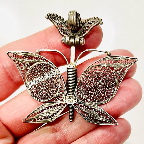 VTG DGS Turkey 925 Sterling Silver Filigree Butterfly 2" 9g Pendant Pre-owned - Picture 4 of 6